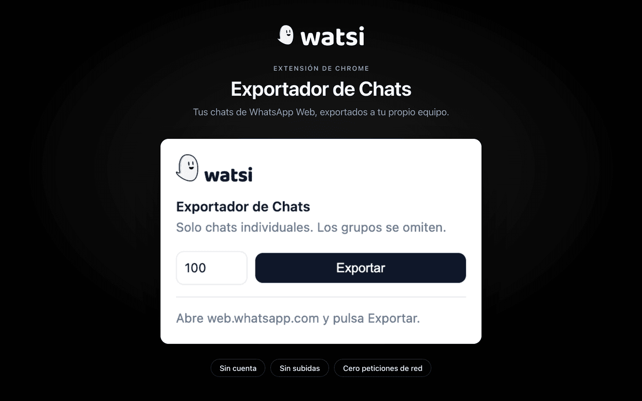 The watsi Exportador de Chats popup, showing the message-count field and the Export button