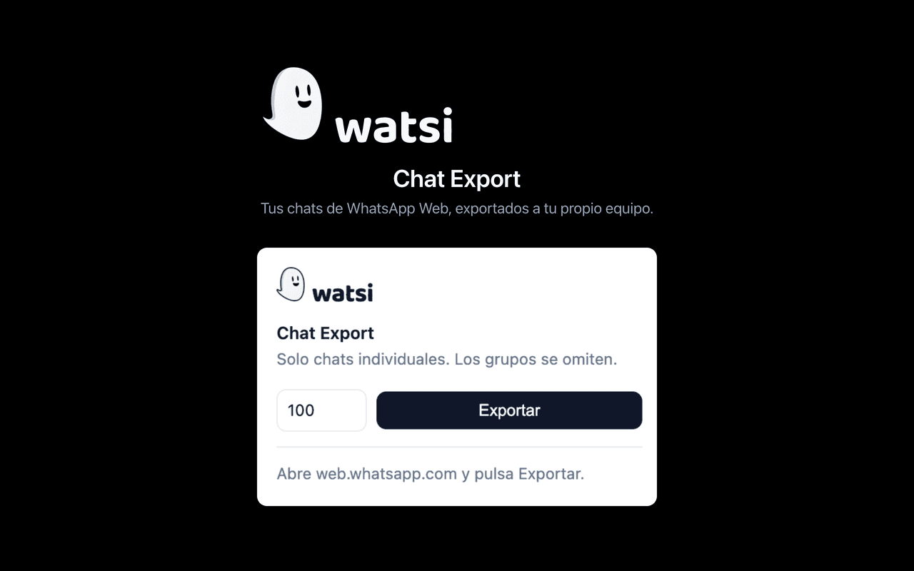 El popup de Watsi Chat Export, con el campo de número de mensajes y el botón Exportar